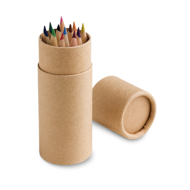 Caixa cilíndrica em papel kraft reciclado com 12 lápis de cor