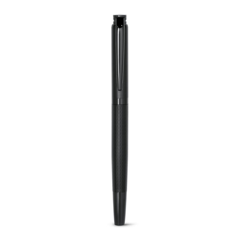 Caneta roller em metal com escrita em preto