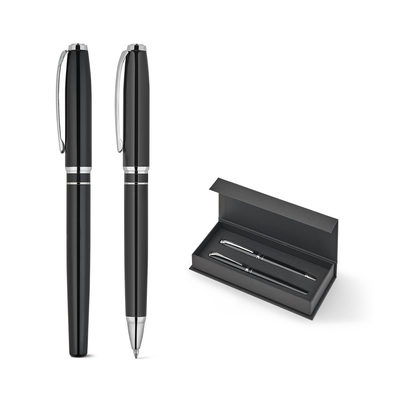 Set premium composto por 1 caneta esferográfica e 1 caneta roller em cobre e aço inox, com escrita em azul