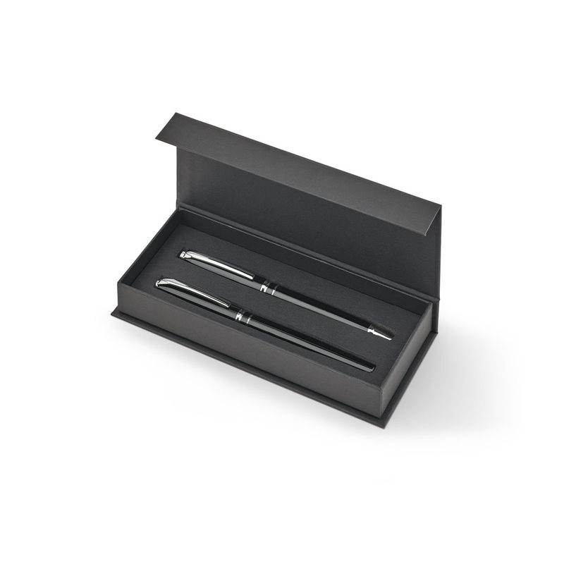 Set premium composto por 1 caneta esferográfica e 1 caneta roller em cobre e aço inox, com escrita em azul