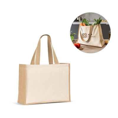 Sacola em canvas (320g/m²), com fundo e laterais em juta laminada (350 g/m²) de tons naturais