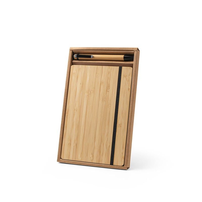 Conjunto de caderno A5 em bambu com páginas pautadas e caneta esferográfica em bambu