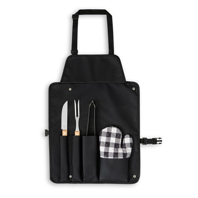 Kit churrasco com 3 utensílios em aço inox e madeira de Seringueira e luva