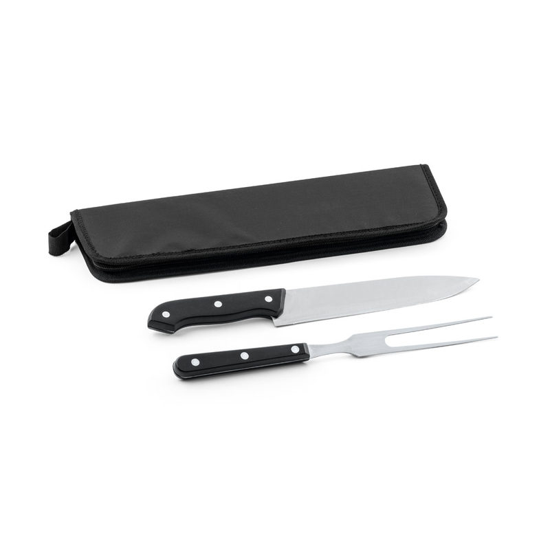 Kit churrasco em estojo de 210D com 2 utensílios em aço inox e PP