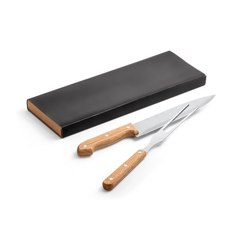 Kit churrasco em caixa kraft com 2 utensílios em aço inox e bambu