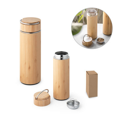 Garrafa térmica em aço inox e bambu, de parede dupla isolada a vácuo (440 mL)