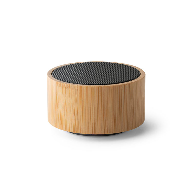 Caixa de som portátil com microfone e autonomia de 2h (300 mAh), em bambu e ABS