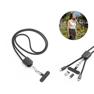 Cordão lanyard com suporte para celular incluso, cabo USB-C e diversos adaptadores em ABS reciclado e TPE reciclado